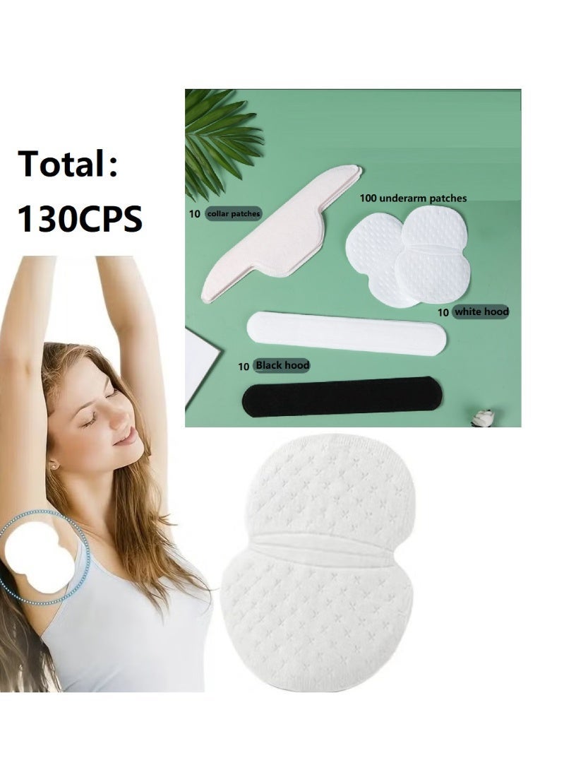 100PCS Disposable Non-woven Fabric Underarm Pads +10 collar patches, 10 white hood patches, 10 black hood patches for Underarm Comfort, Effective and Long-Lasting Sweat Prevention, Invisible Sweat Absorption, For Women and Men, Travel, Sports, Outdoor, Summer, Vacation, Camping, School, Holiday Essentials (White) - Image 1
